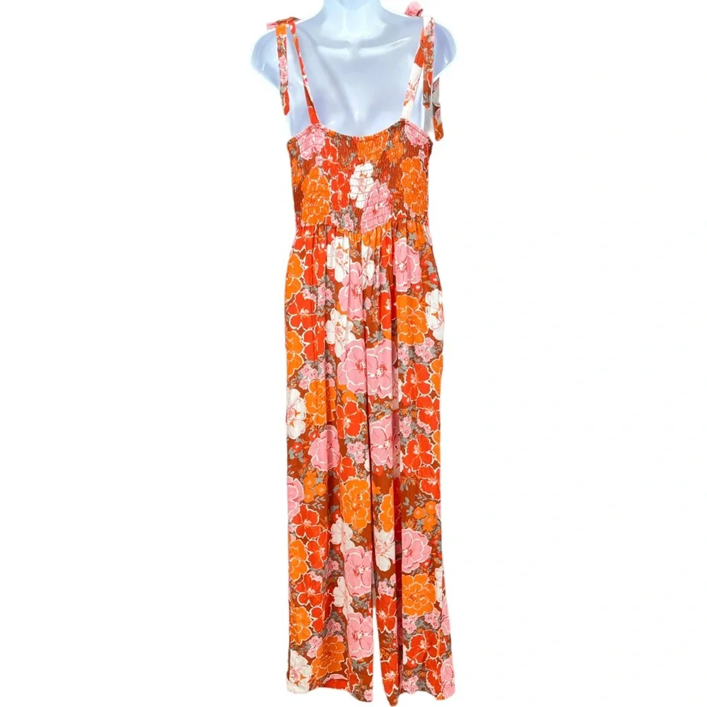 AUW Women’s Large Orange & Pink Floral Wide‎ Leg Pants Jumpsuit Tie Straps Boho